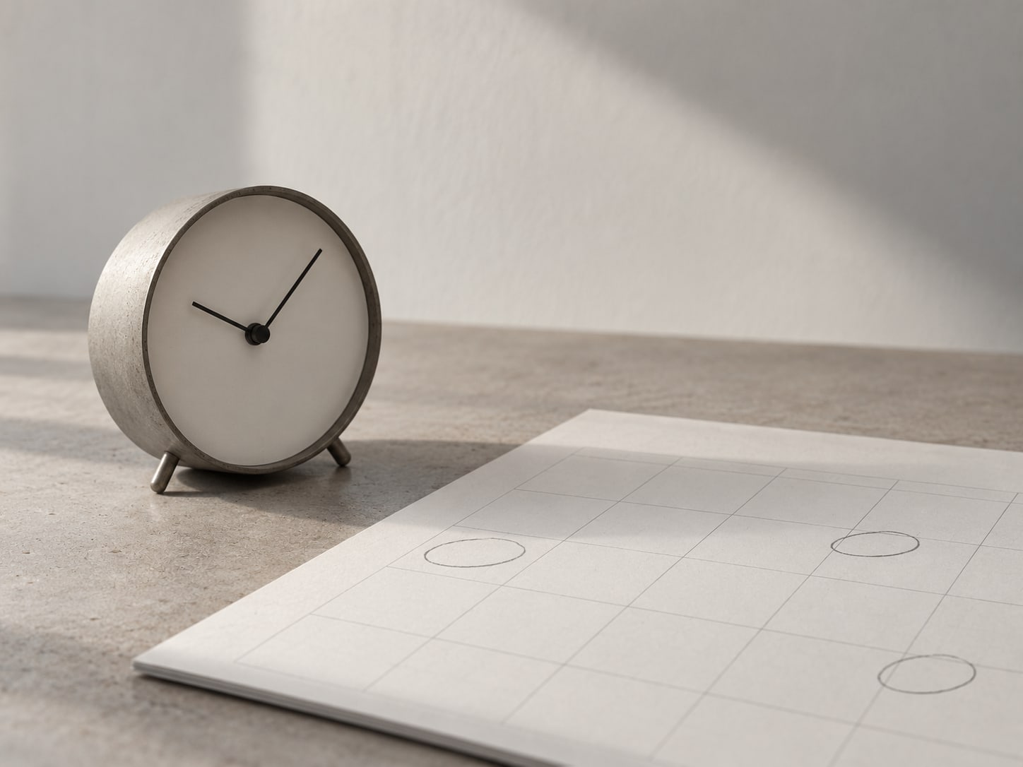 A small desk clock and a paper calendar page with a few days circled in pencil, resting on a quiet table.