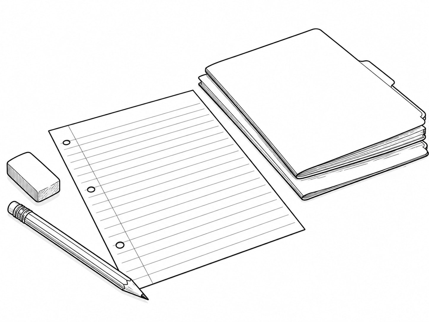 A pencil, an eraser and a sheet of blank lined paper laid flat on a table beside a small stack of closed folders.
