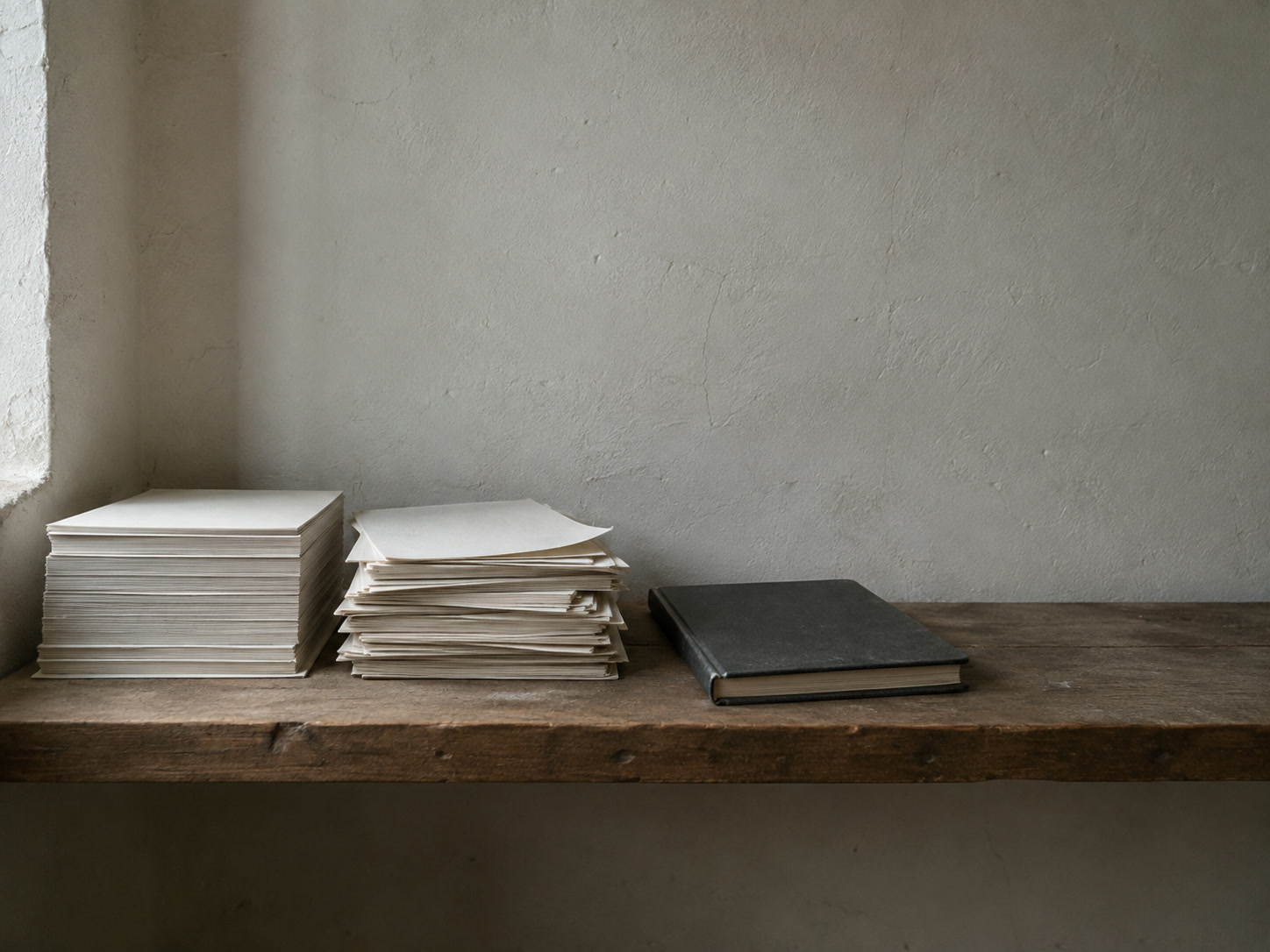 Two stacks of blank paper on a shelf, one neat and one loose and uneven, beside a closed notebook.