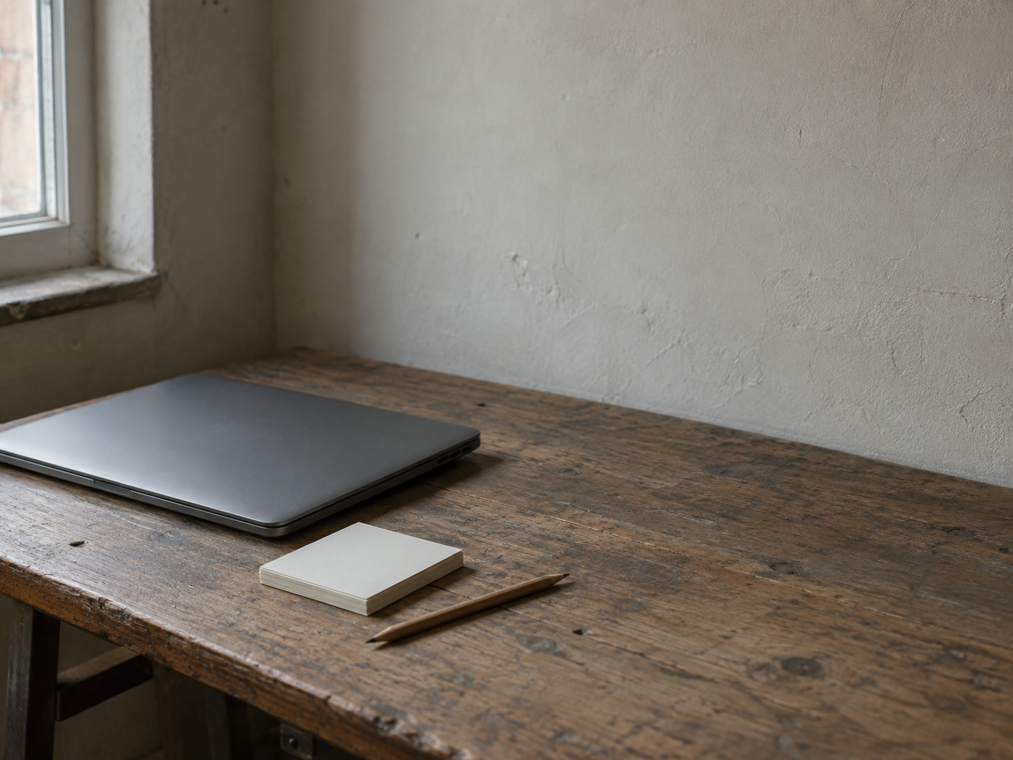 A closed laptop beside a small stack of blank index cards and a pencil on a worn wooden desk.