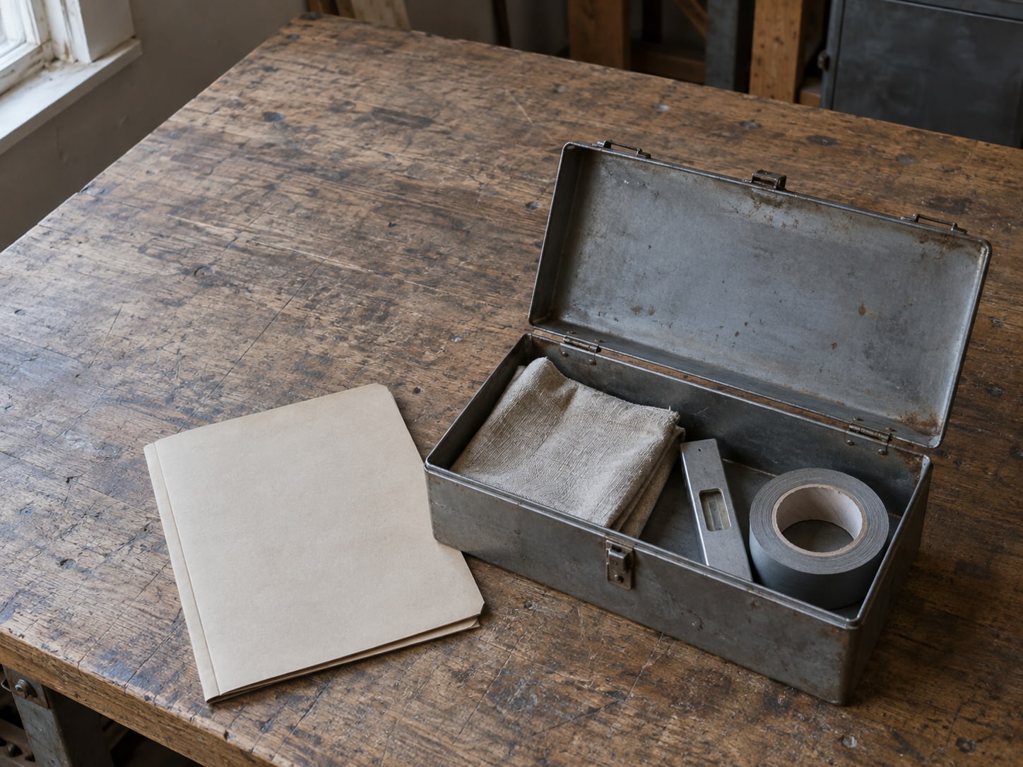 A plain toolbox with its lid open on a workbench, holding a folded cloth, a small level and a roll of tape, beside a closed paper folder.