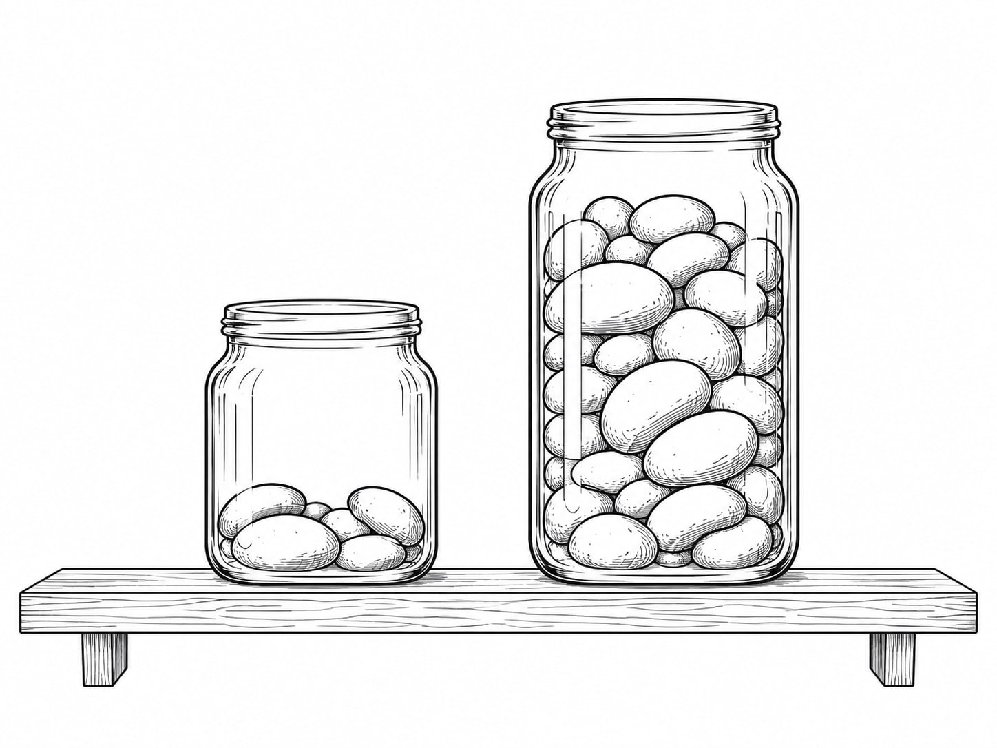 Two clear glass jars of different heights side by side on a pale wooden shelf, one holding a few smooth pebbles and the other nearly full.