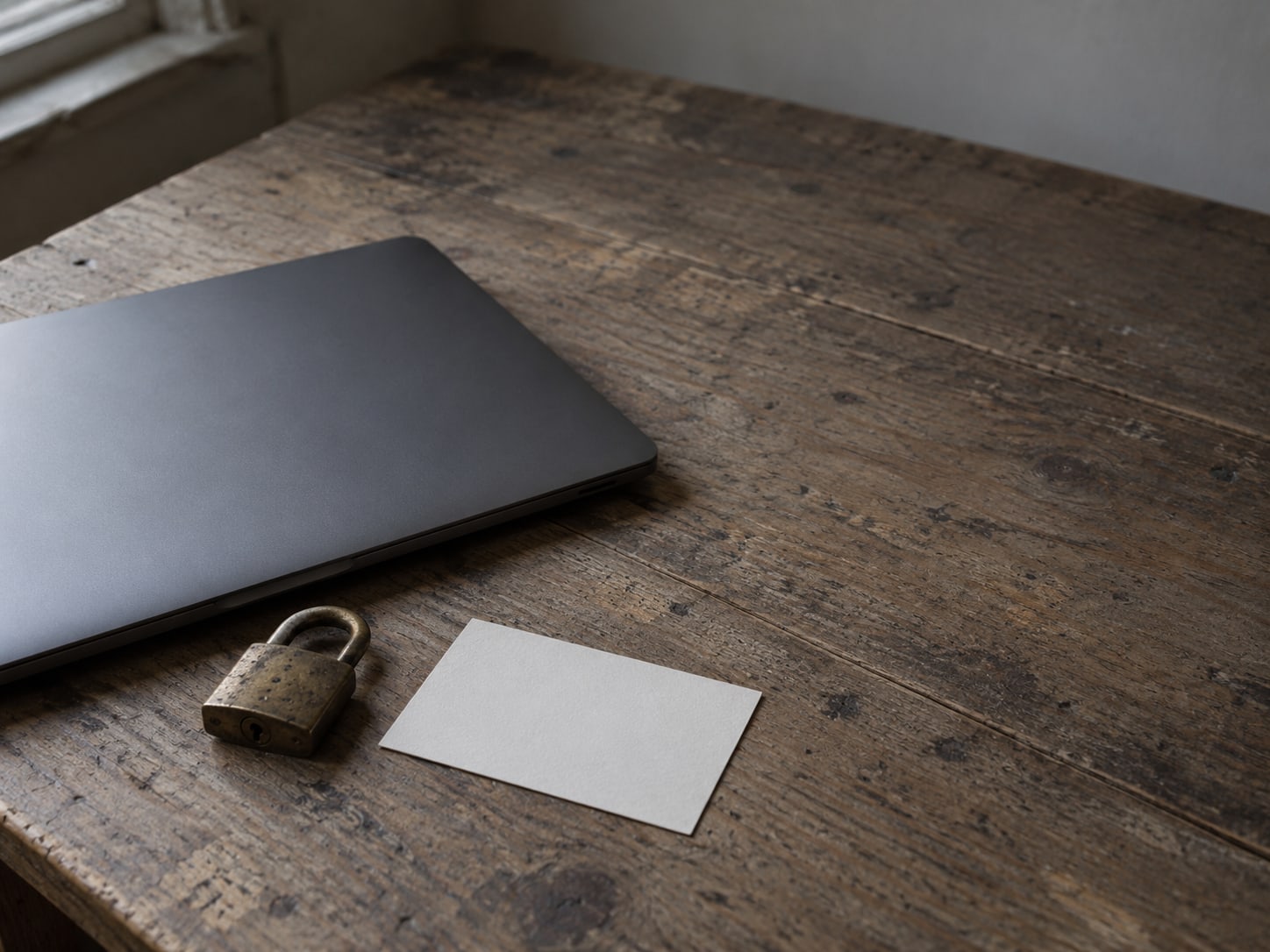 A closed laptop beside a small brass padlock and a blank index card on a worn wooden desk.