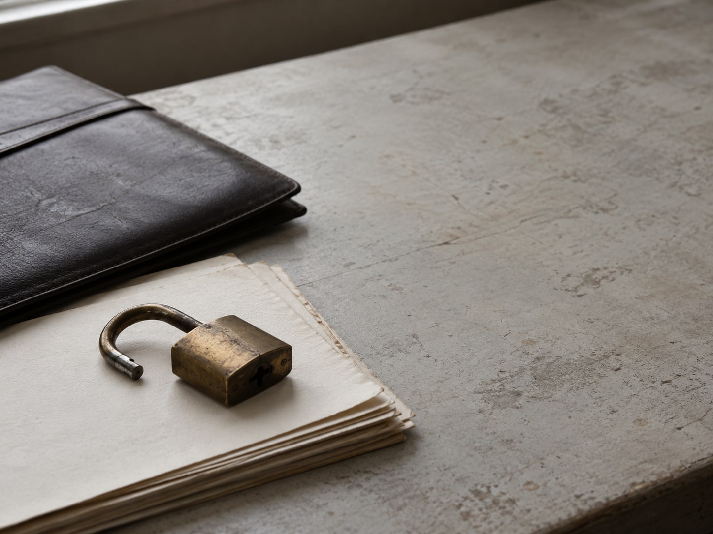 A single open padlock resting on a stack of blank paper beside a closed leather folder.