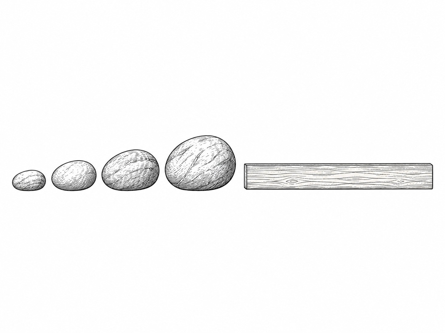 Four smooth river stones of different sizes lined up on a pale linen cloth next to a closed wooden ruler.