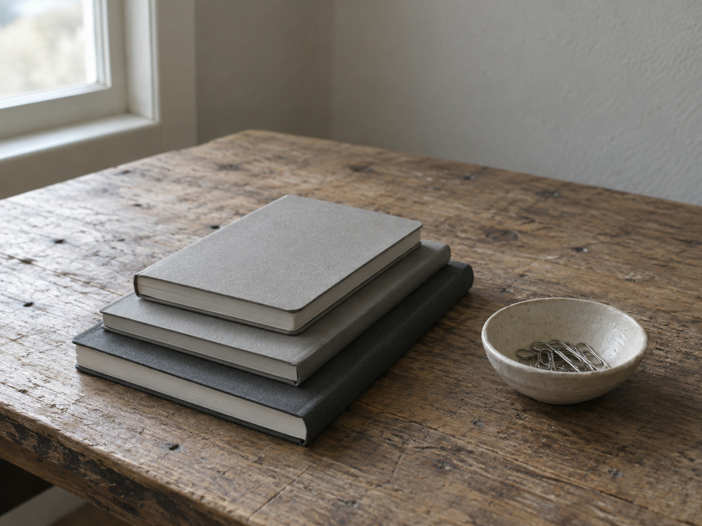 Three closed notebooks of different sizes stacked on a wooden desk beside a shallow ceramic bowl of paper clips, lit by soft window light.