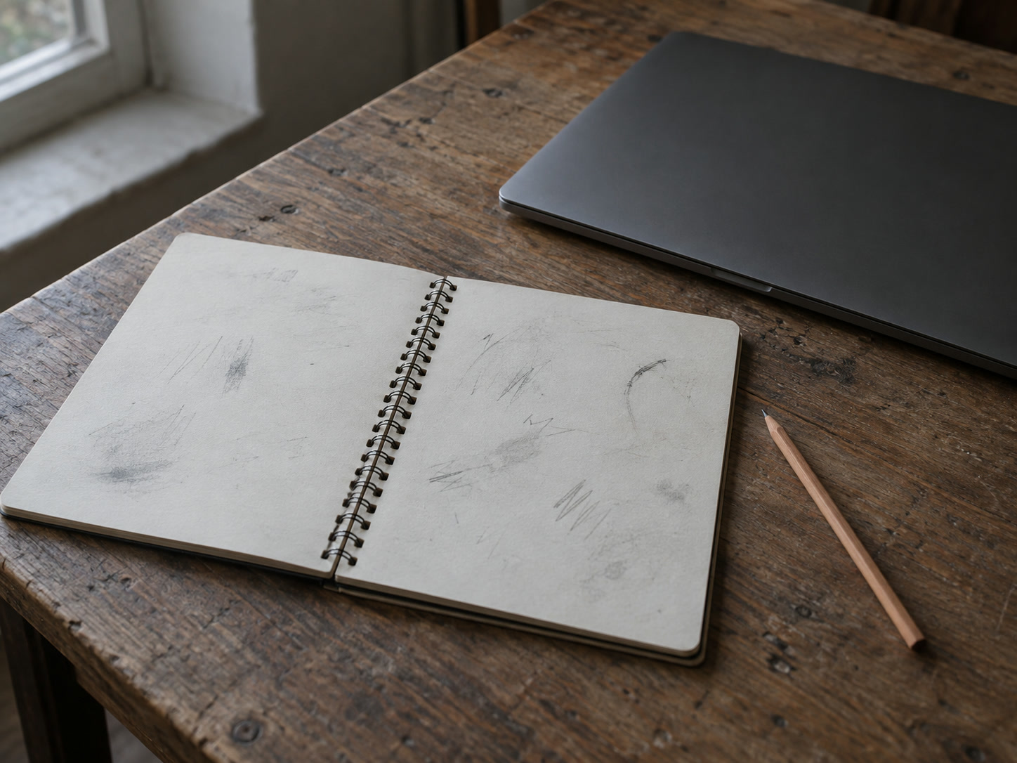 A spiral notebook open to a page of faint, unreadable pencil marks, beside a closed laptop and a sharpened pencil on a wooden table.