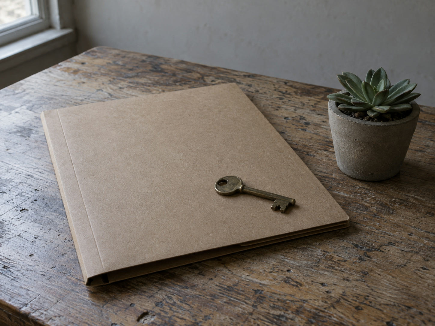 A plain cardboard folder closed on a desk, a single unmarked key resting on top of it, next to a small potted succulent.