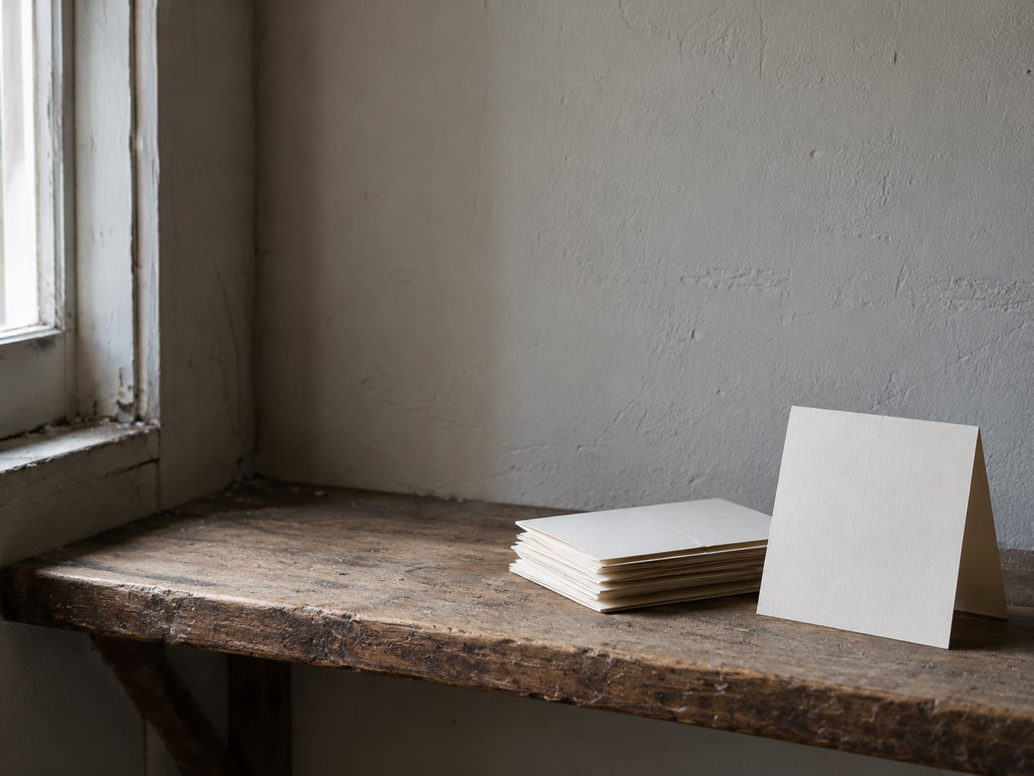 Una pequeña pila de tarjetas de papel dobladas junto a un único letrero en blanco en pie sobre un estante sencillo.