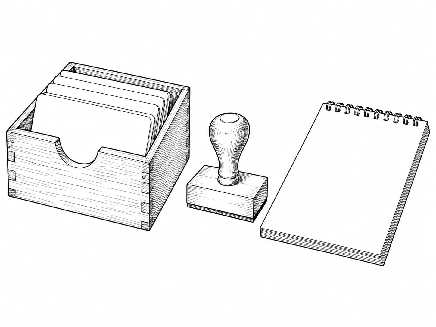 Una pequeña caja de madera con fichas, un sello de goma y un bloc de notas en blanco al lado.