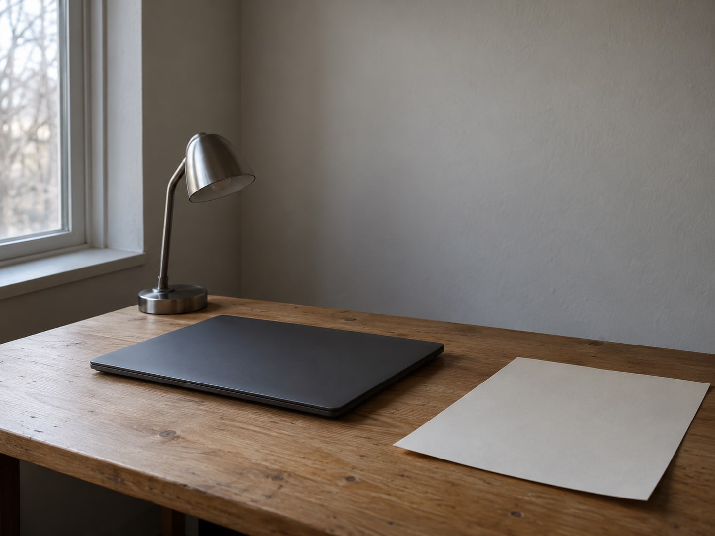 Una computadora portátil cerrada, una pequeña lámpara de escritorio y un calendario de papel en blanco sobre un escritorio de madera limpio.