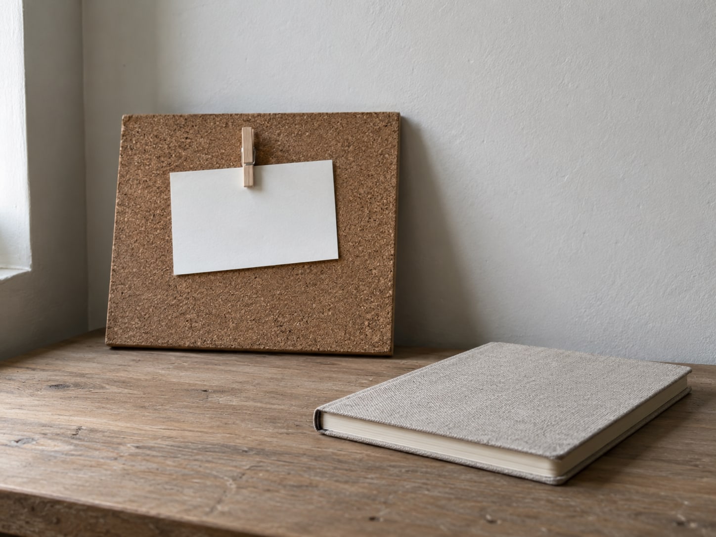 Un pequeño tablero de corcho con una ficha en blanco y una pinza de madera lisa junto a un cuaderno cerrado sobre un escritorio.