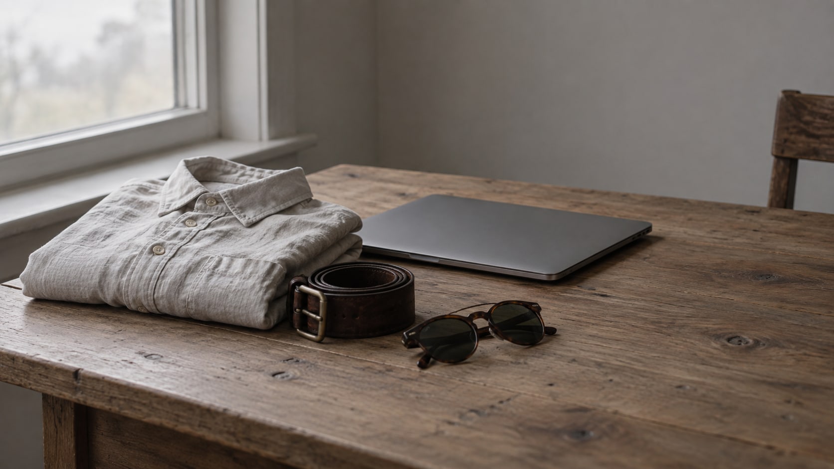 A folded linen shirt, a leather belt and a small pair of sunglasses arranged on a plain wooden table beside a closed laptop.