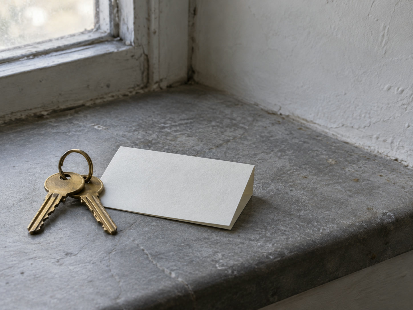 A small brass key ring and a blank folded note lying on a gray stone windowsill in soft morning light.