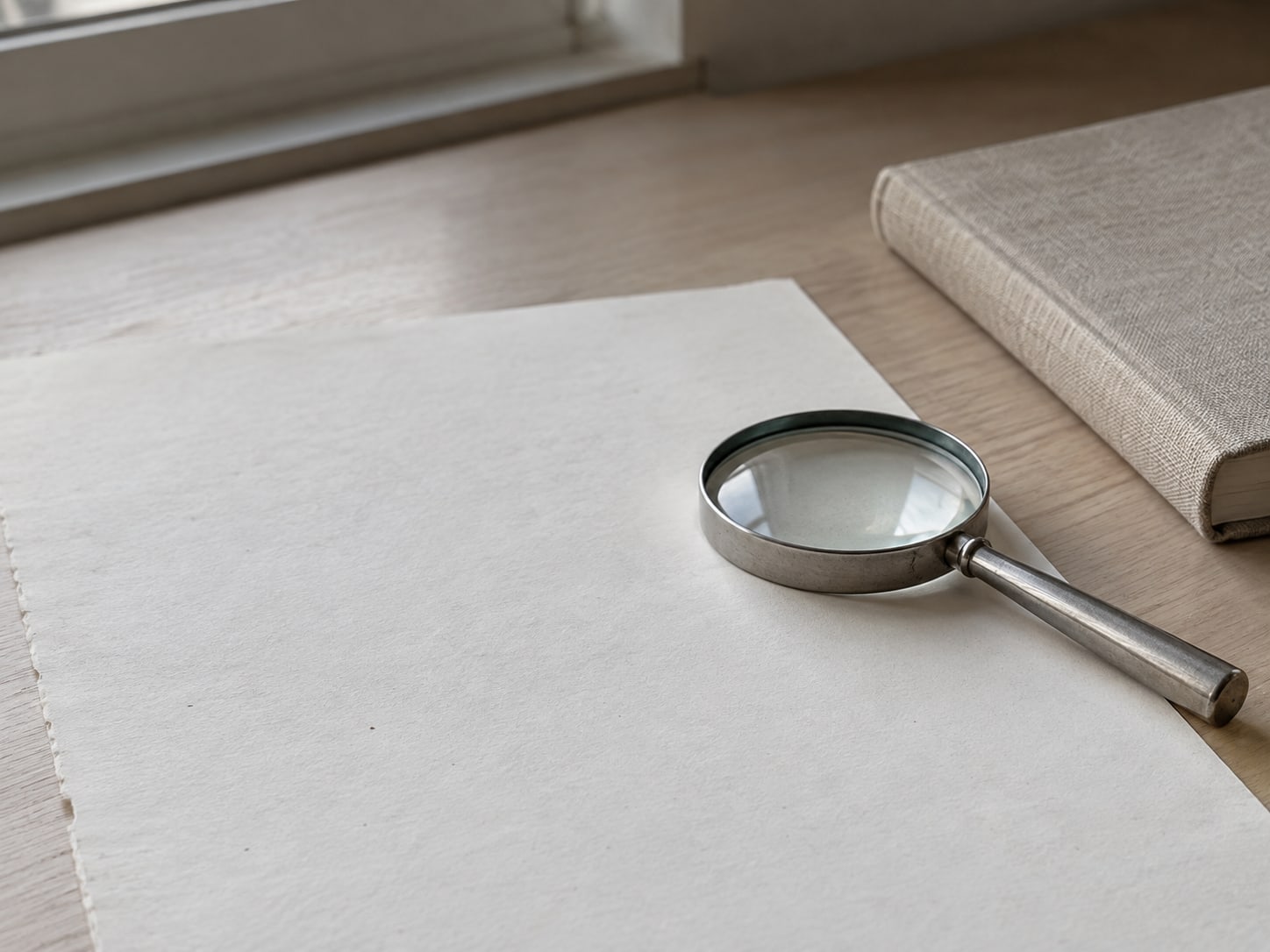 A small magnifying glass resting on a blank sheet of paper beside a closed notebook on a clean desk.