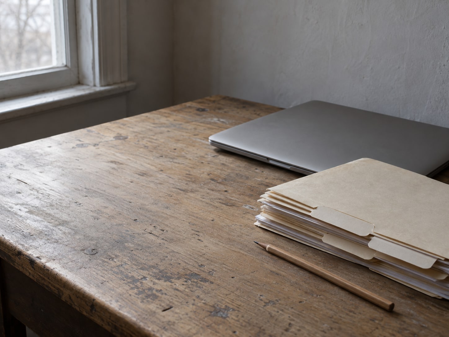A closed laptop beside a neat stack of paper folders with blank tabs and a sharpened pencil on a worn wooden desk.