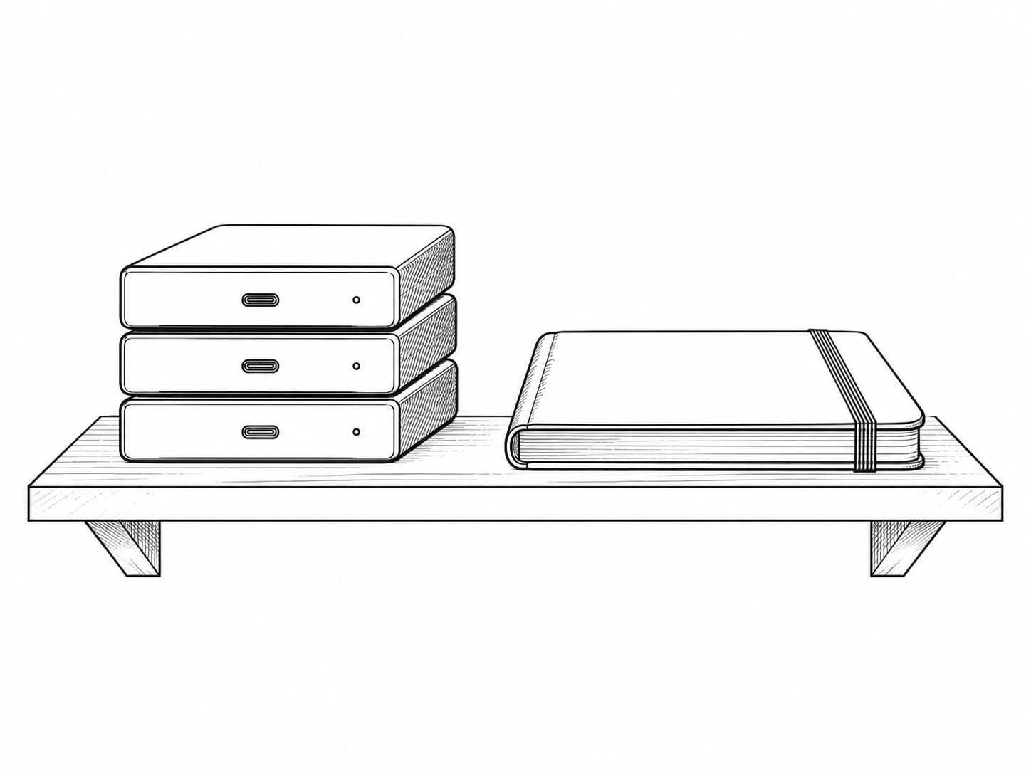 A small stack of unlabeled external drives next to a closed notebook on a dark shelf.