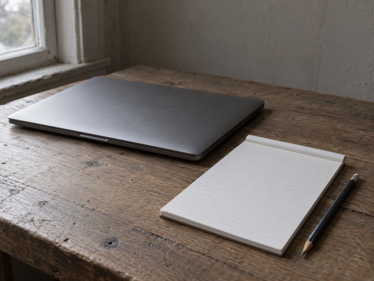 A closed laptop beside a blank lined notepad and a pencil on a plain wooden desk.