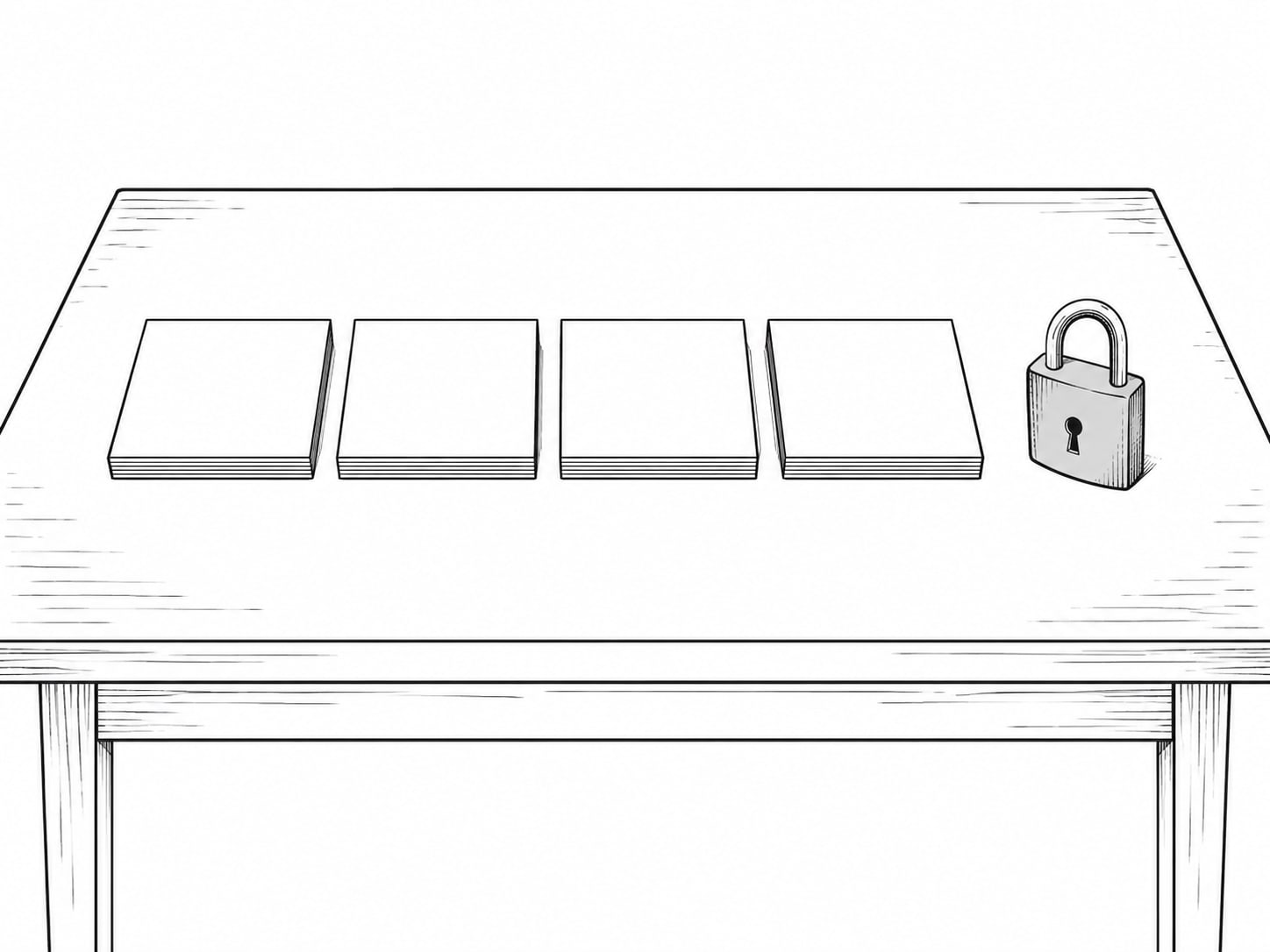 A row of clean white index cards on a table beside a small closed padlock.