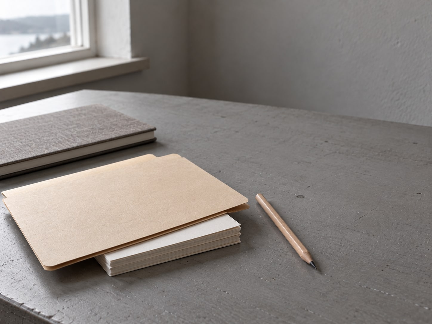 A plain manila folder resting on a stack of blank index cards beside a pencil and a closed notebook on a gray desk.