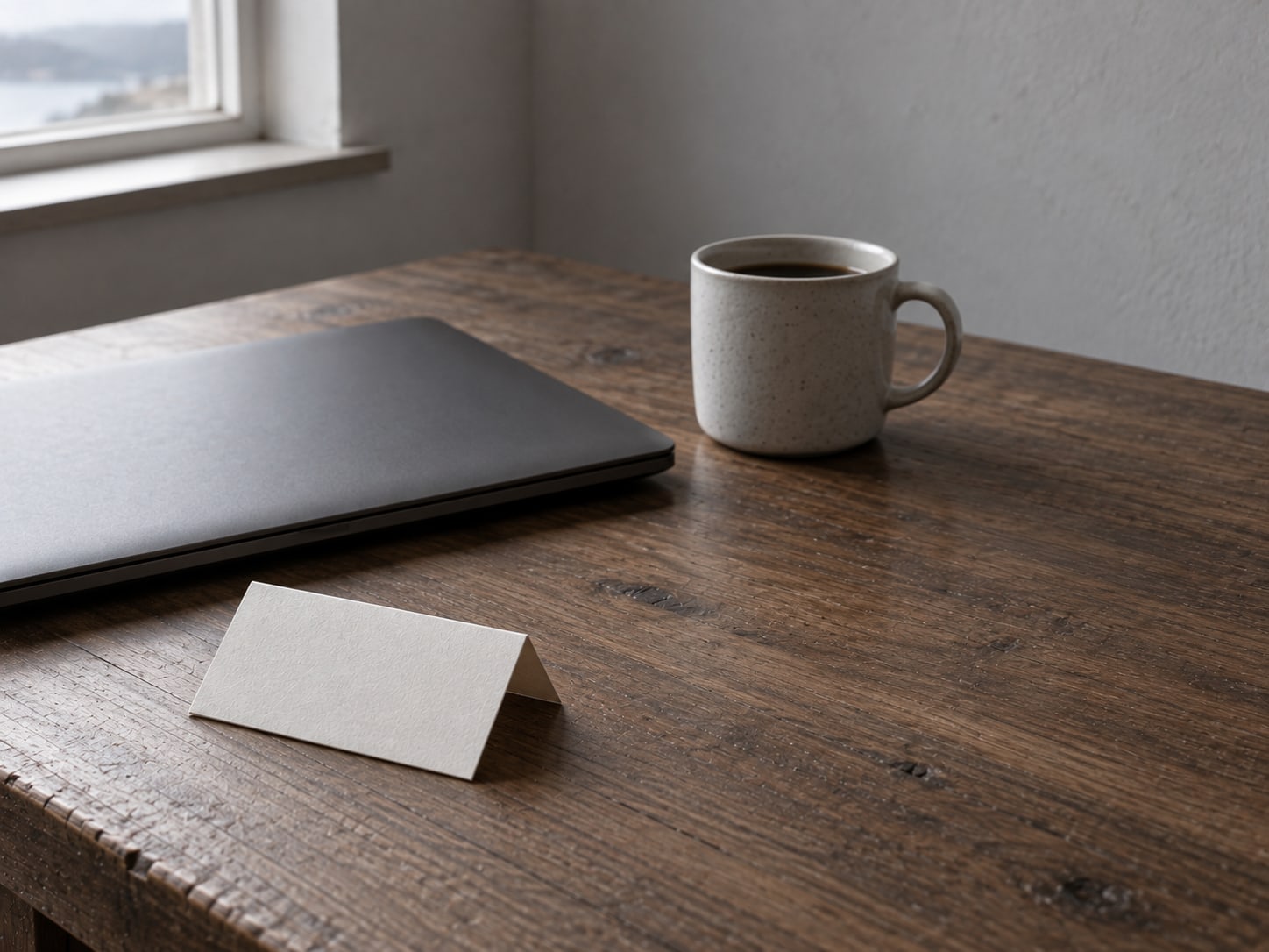 A folded business card lying face down next to a closed laptop and a coffee mug on a walnut desk.