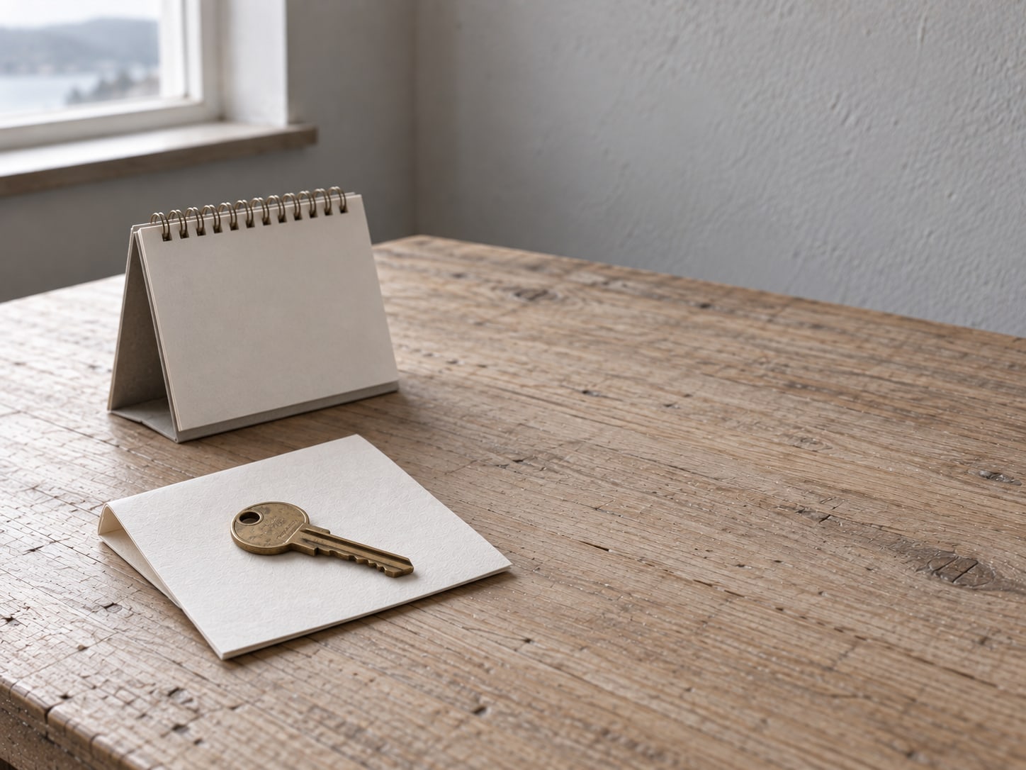 A single brass key lying on a folded sheet of blank paper next to a small desk calendar with no markings, on a pale wooden table.