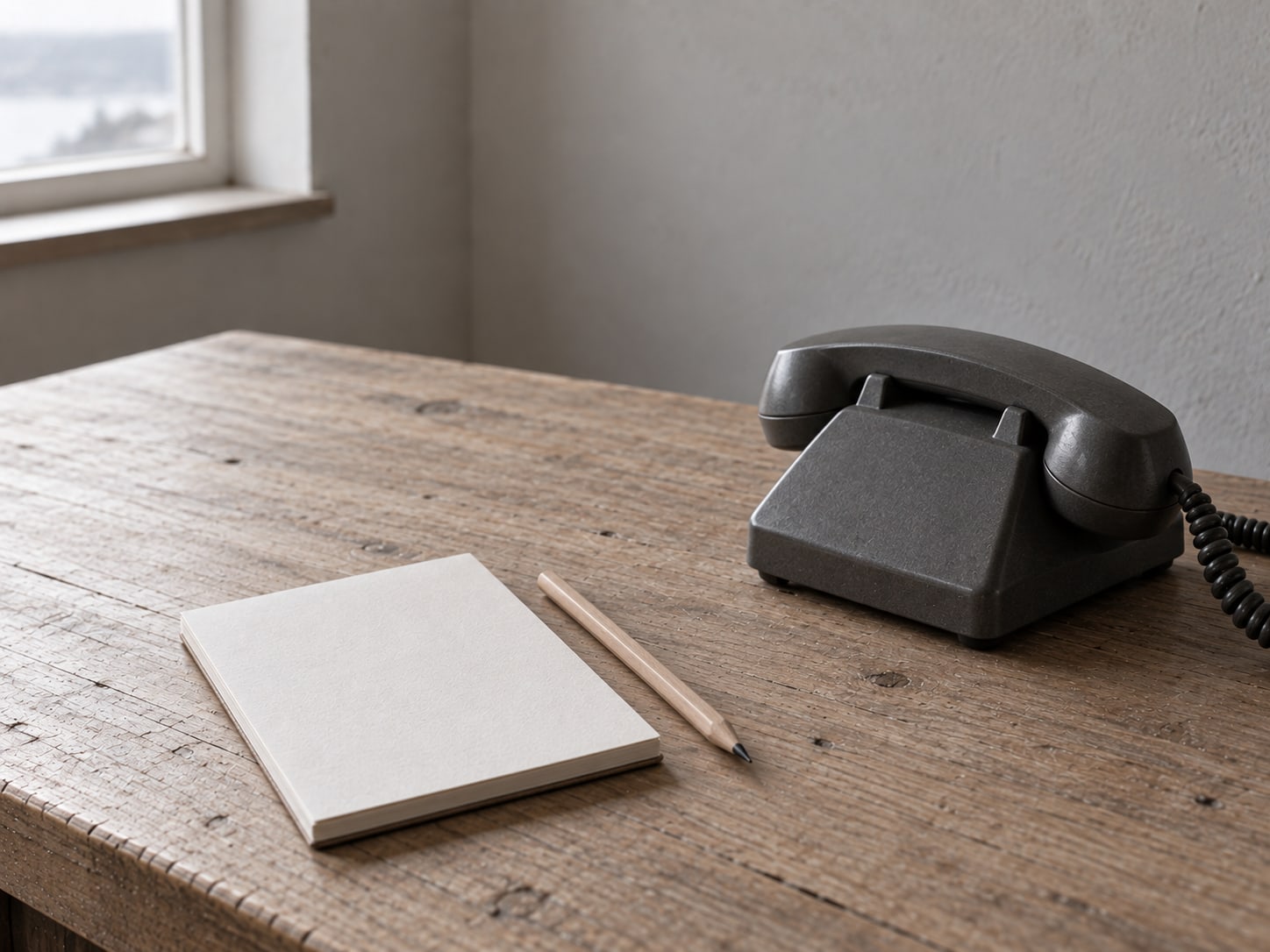 A small blank notepad and a pencil resting beside a desk phone with its handset on the cradle, on a light oak desk.