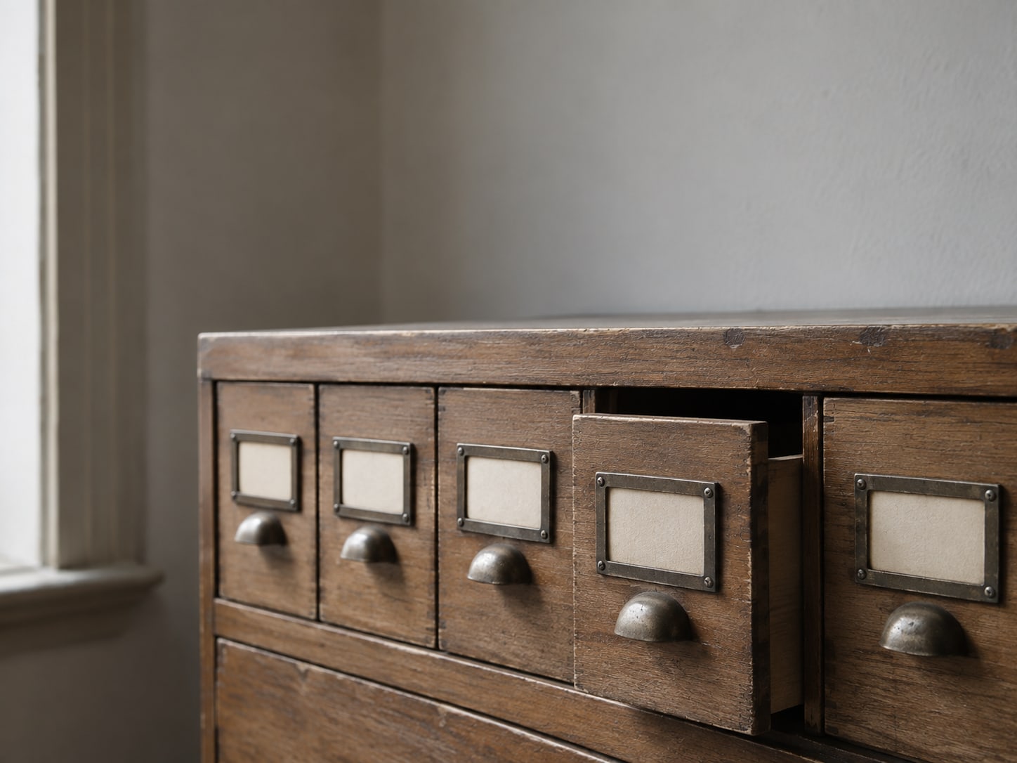 A row of small blank wooden drawer labels on an old card catalog cabinet, one drawer pulled slightly open.