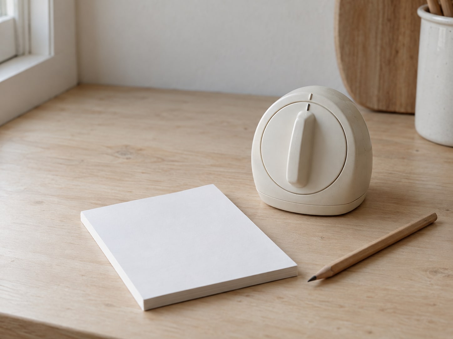 A kitchen timer set beside a blank notepad and a pencil on a clean wooden counter.