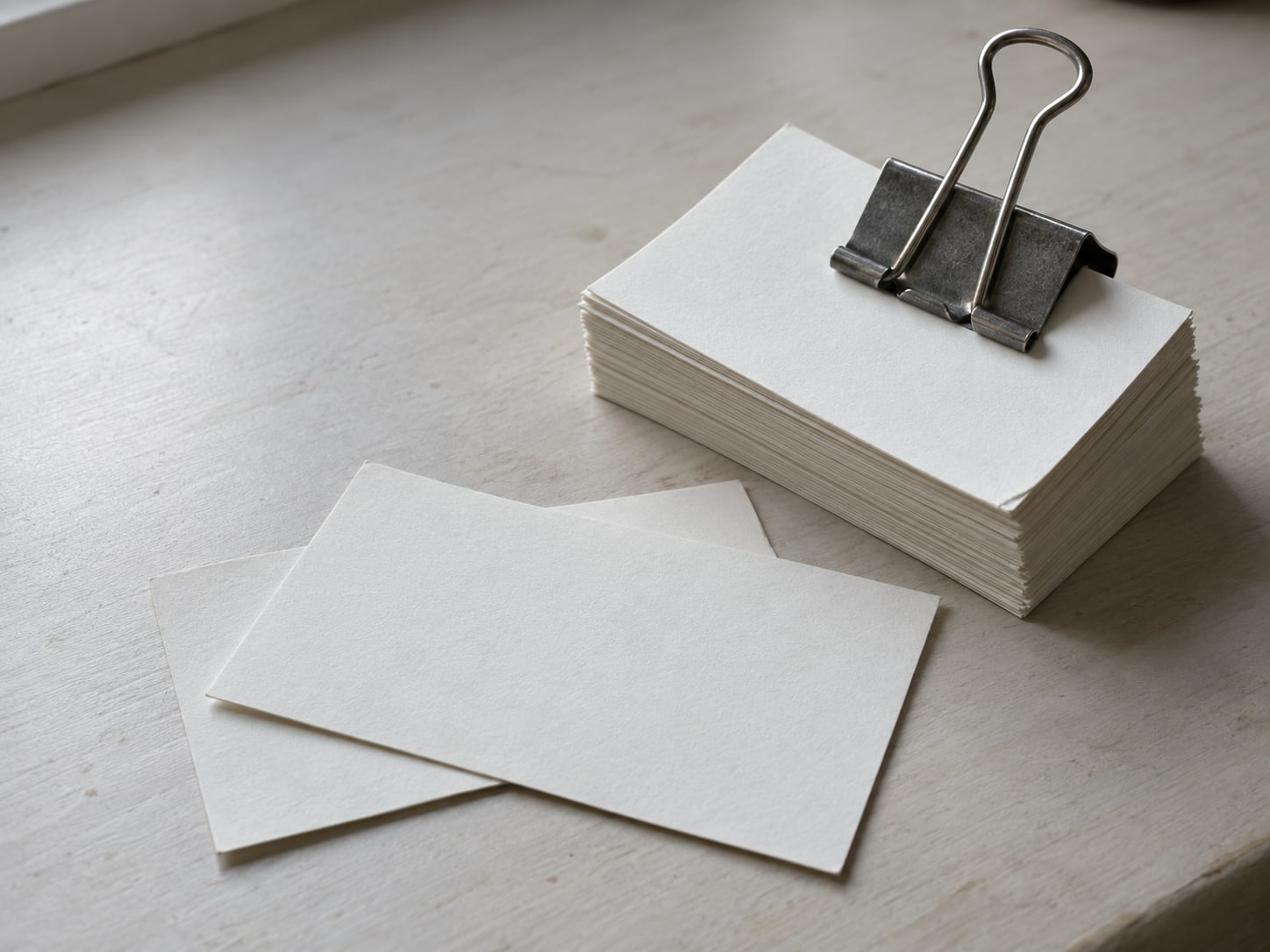 A thick stack of loose, unmarked index cards held with a binder clip on a desk, a few cards fanned out beside it.