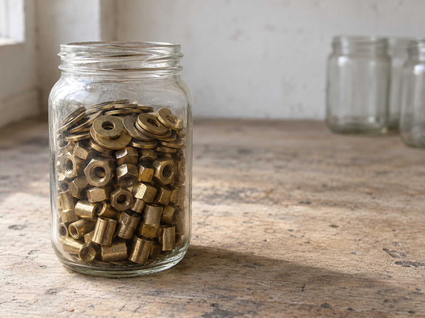 A single glass jar of neatly sorted brass fittings on a workbench, with several empty jars pushed to the side.