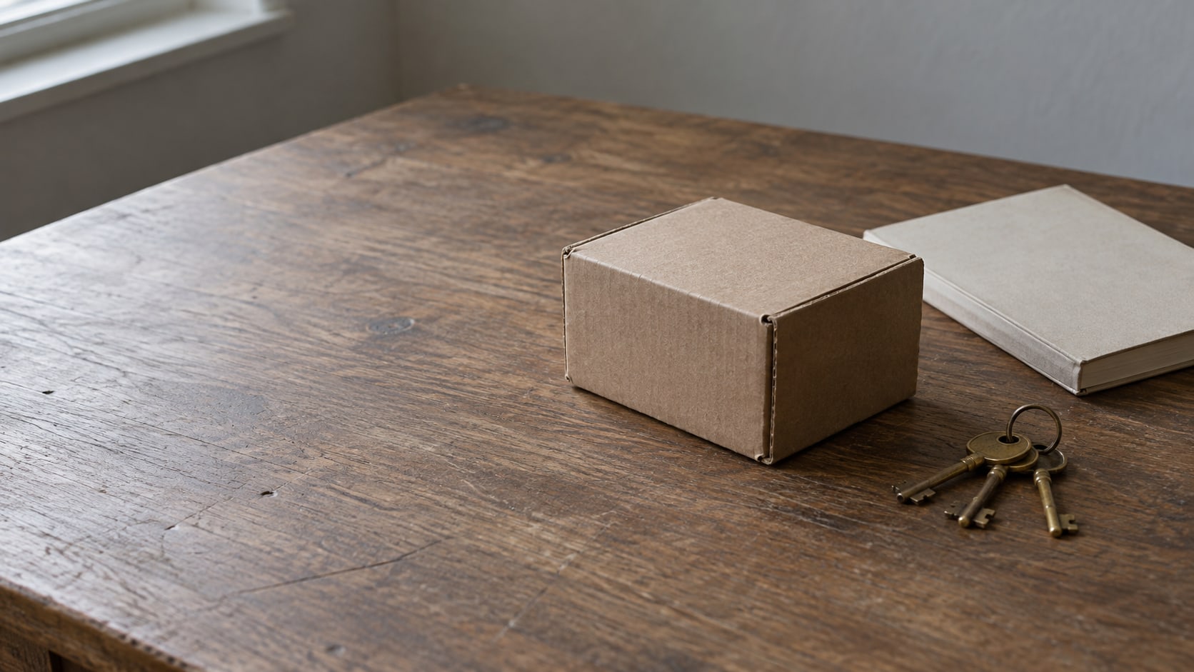 A small cardboard box beside a closed paper ledger and a ring of brass keys on a plain wooden desk.