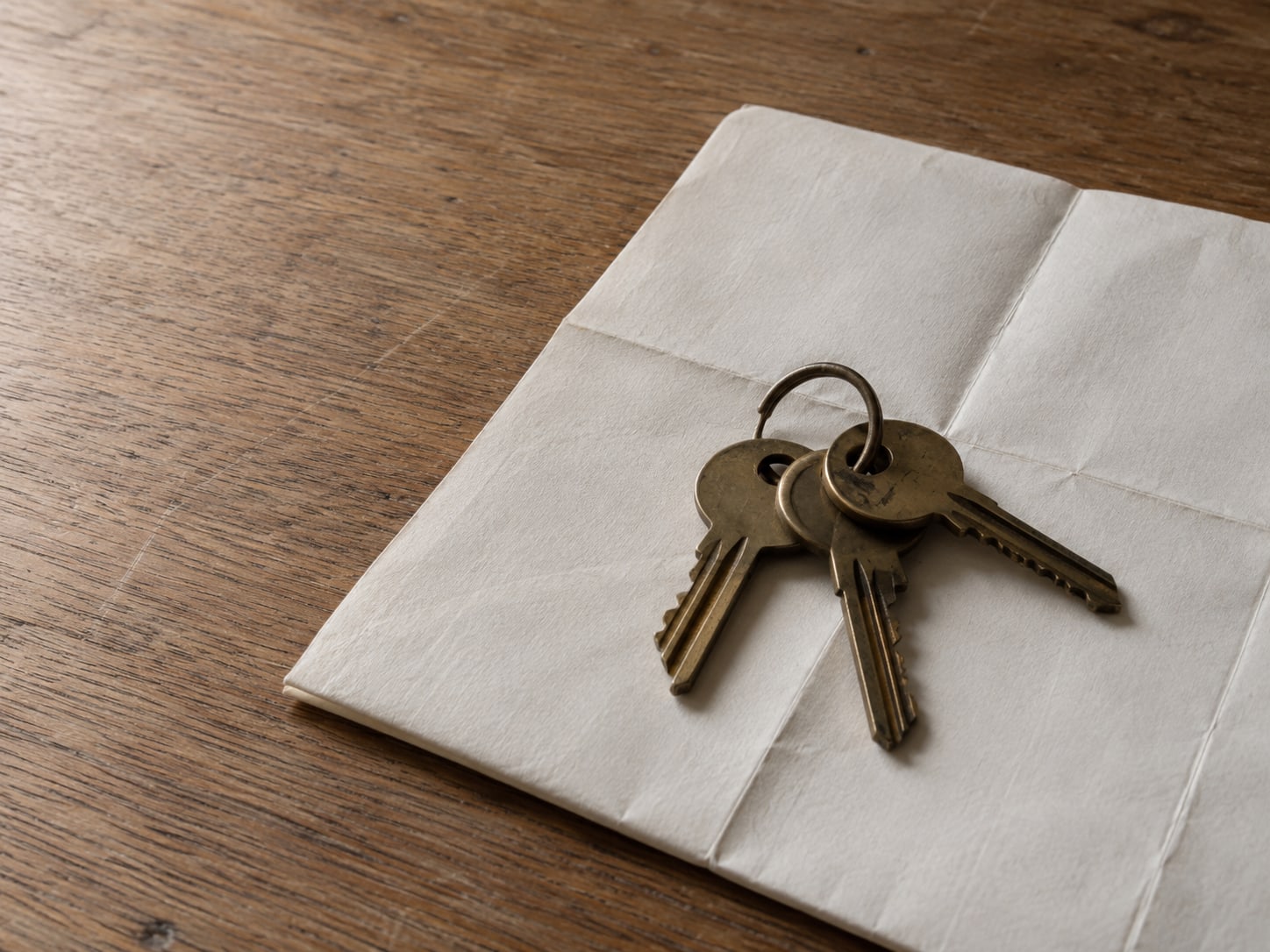 A ring of three brass keys resting on a folded plain paper map on a wooden table.