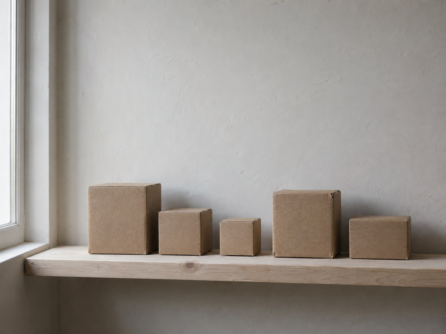 Five small cardboard boxes of different sizes lined up in a row on a pale wooden shelf.