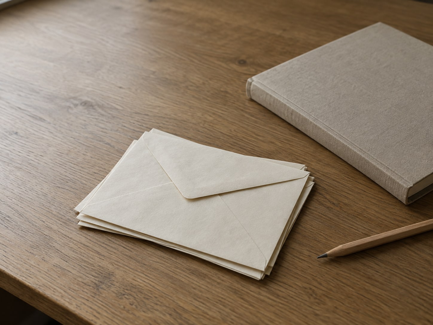 A small stack of blank envelopes beside a closed paper ledger and a pencil on a plain oak desk.