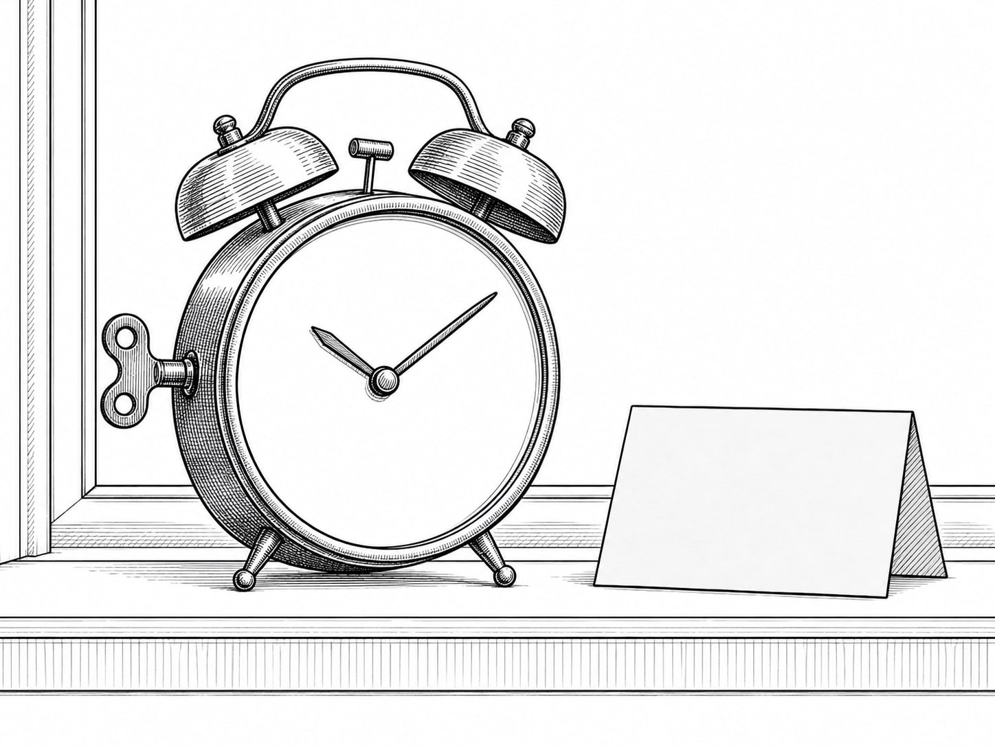 An old brass wind-up alarm clock on a windowsill beside a folded blank paper card.