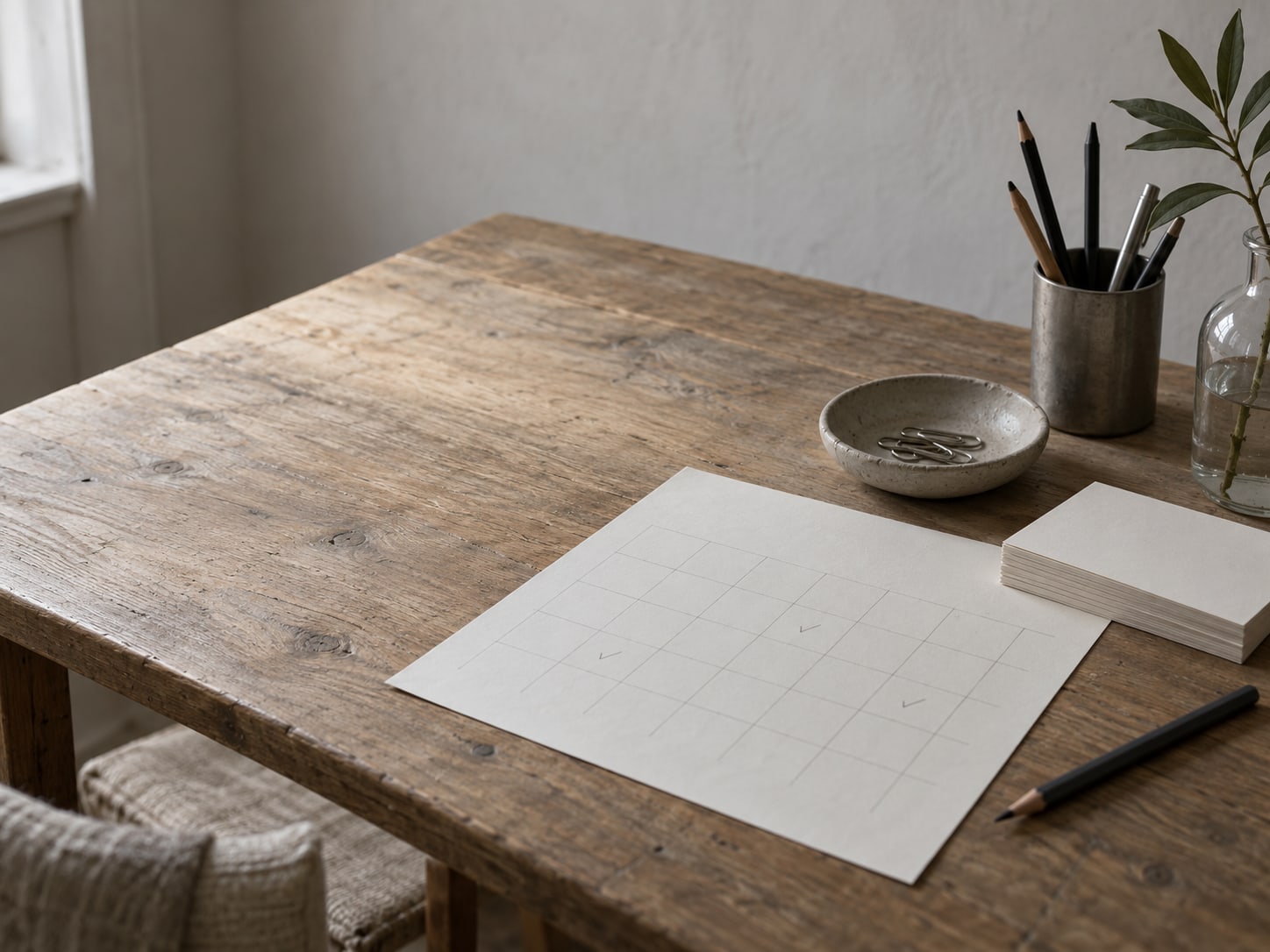 A paper calendar page with a few pencil marks beside a small stack of blank index cards on a wooden table.