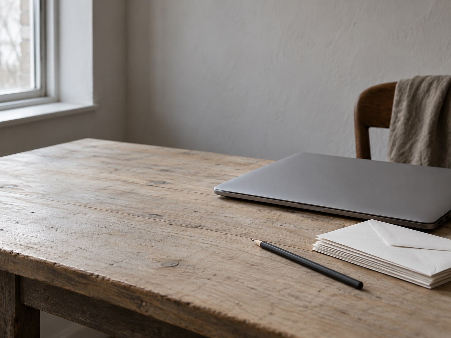 A closed laptop beside a small stack of unopened envelopes and a pencil on a worn wooden desk.