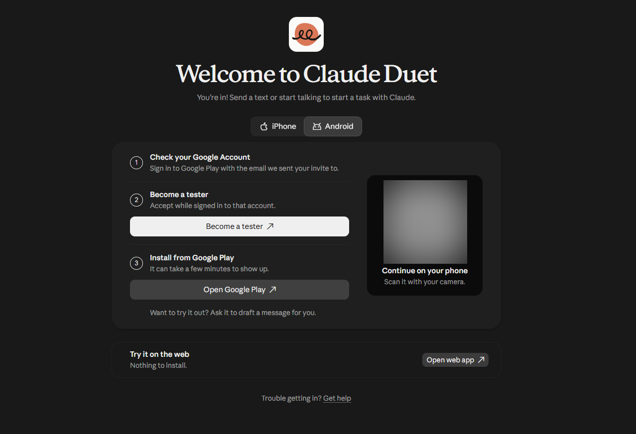 The Claude Duet welcome screen with steps to install the app on Android or iPhone and an option to open it on the web.