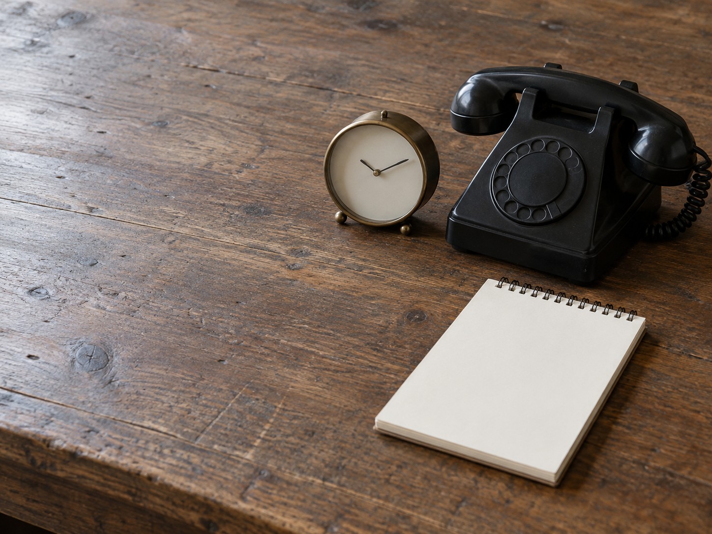 A switched-off desk phone next to a small table clock and a blank notepad on a wooden counter.