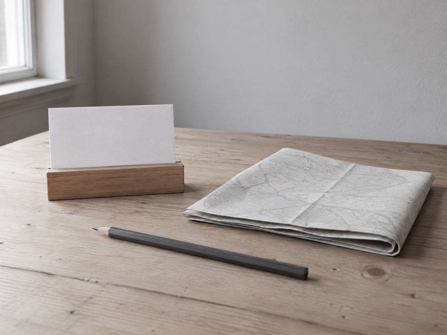 A small wooden desk sign holder with a blank card, beside a folded paper map and a pencil, on a clean table.