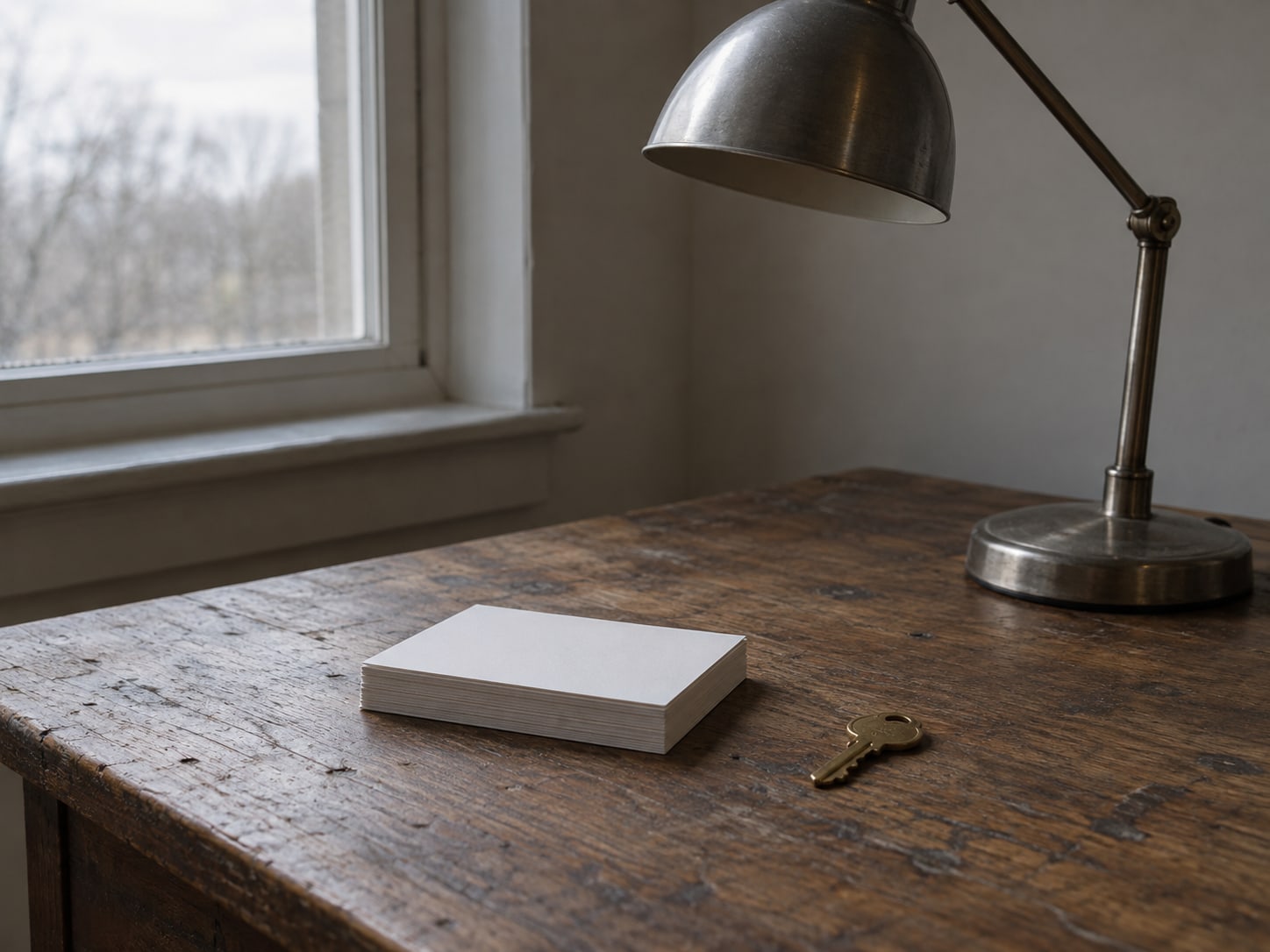 A stack of blank index cards and a small brass key on a worn wooden table beside an unlit desk lamp.