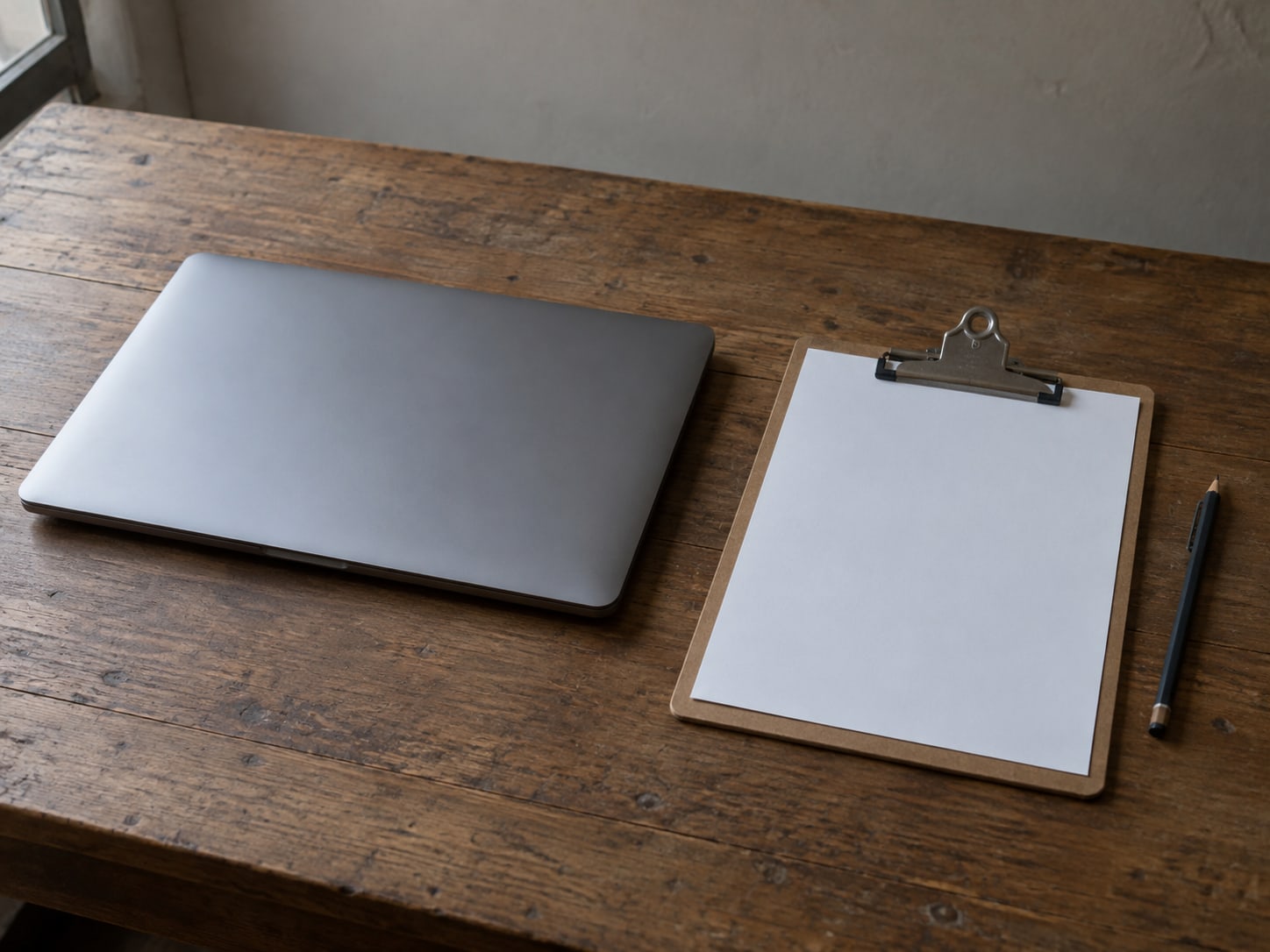 A closed laptop beside a clipboard holding a blank checklist and a pencil on a plain wooden desk.