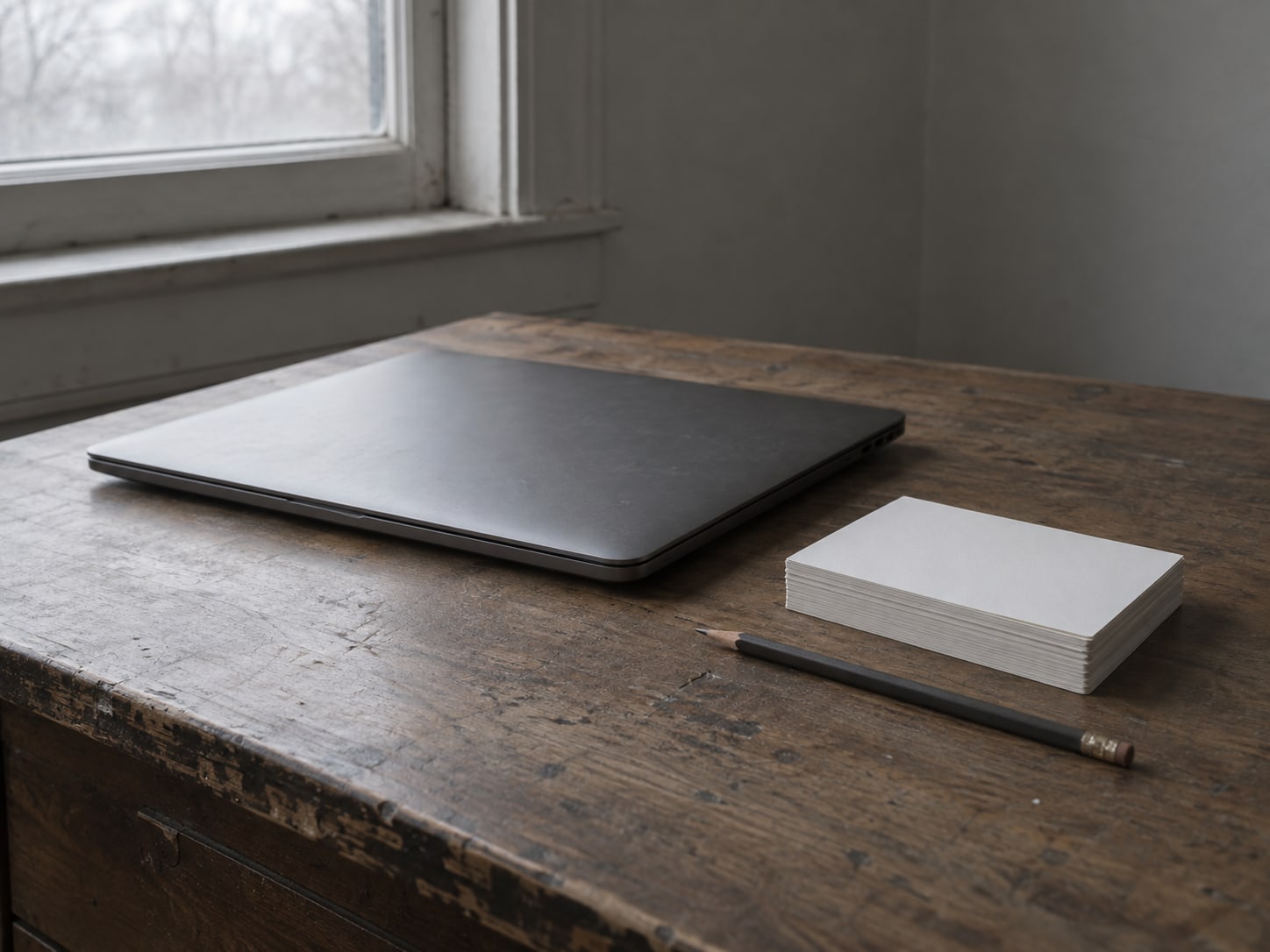 A closed laptop beside a small stack of blank index cards and a pencil on a worn wooden desk.