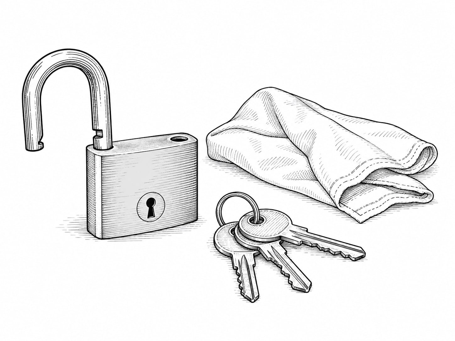 A brass padlock resting open on a folded blue cloth next to a small bundle of keys on a table.