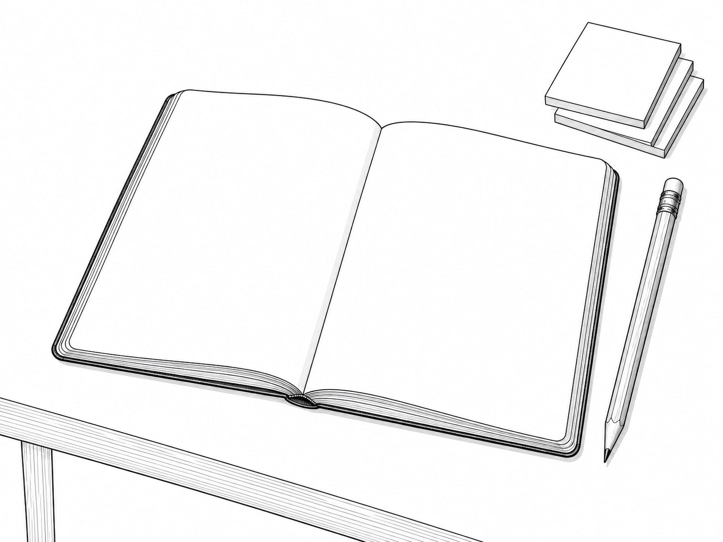 A notebook open beside a pencil and a small stack of sticky notes in three colors on a clean desk.