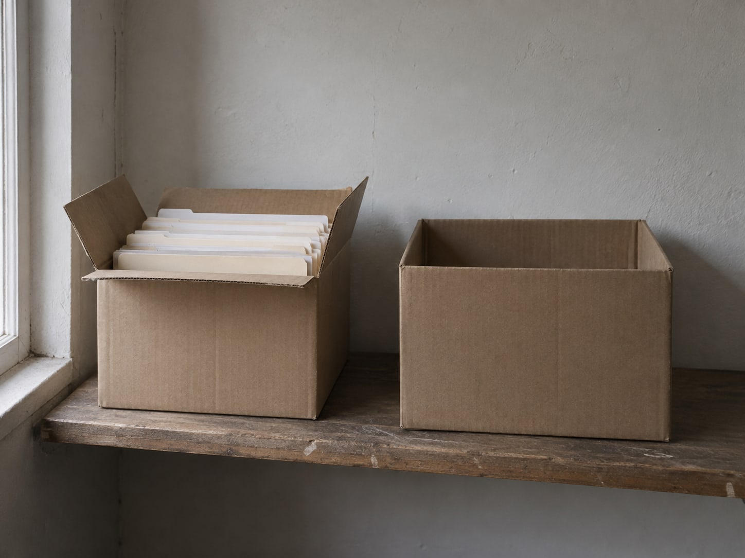 A wooden shelf holding one open cardboard box of neatly filed paper folders and one empty box beside it.