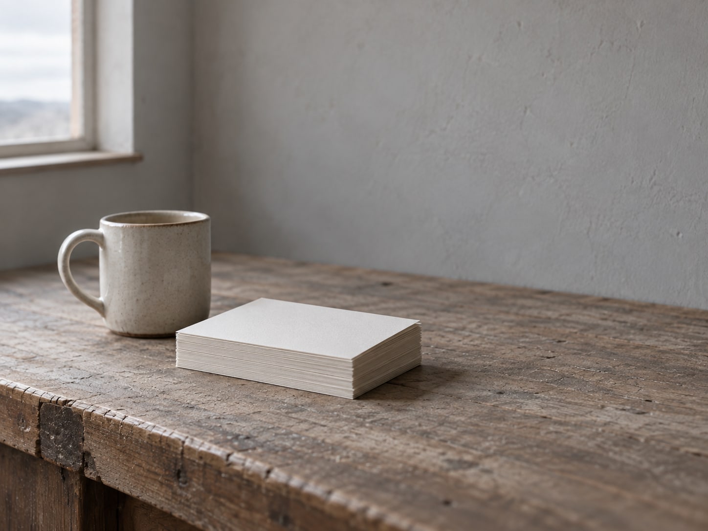 A small stack of blank thank-you cards beside a ceramic mug on a clean wooden shop counter.
