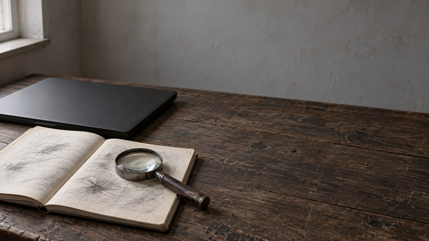 Un cuaderno abierto con marcas de lápiz ilegibles junto a una lupa y una laptop cerrada sobre un escritorio de madera oscura.
