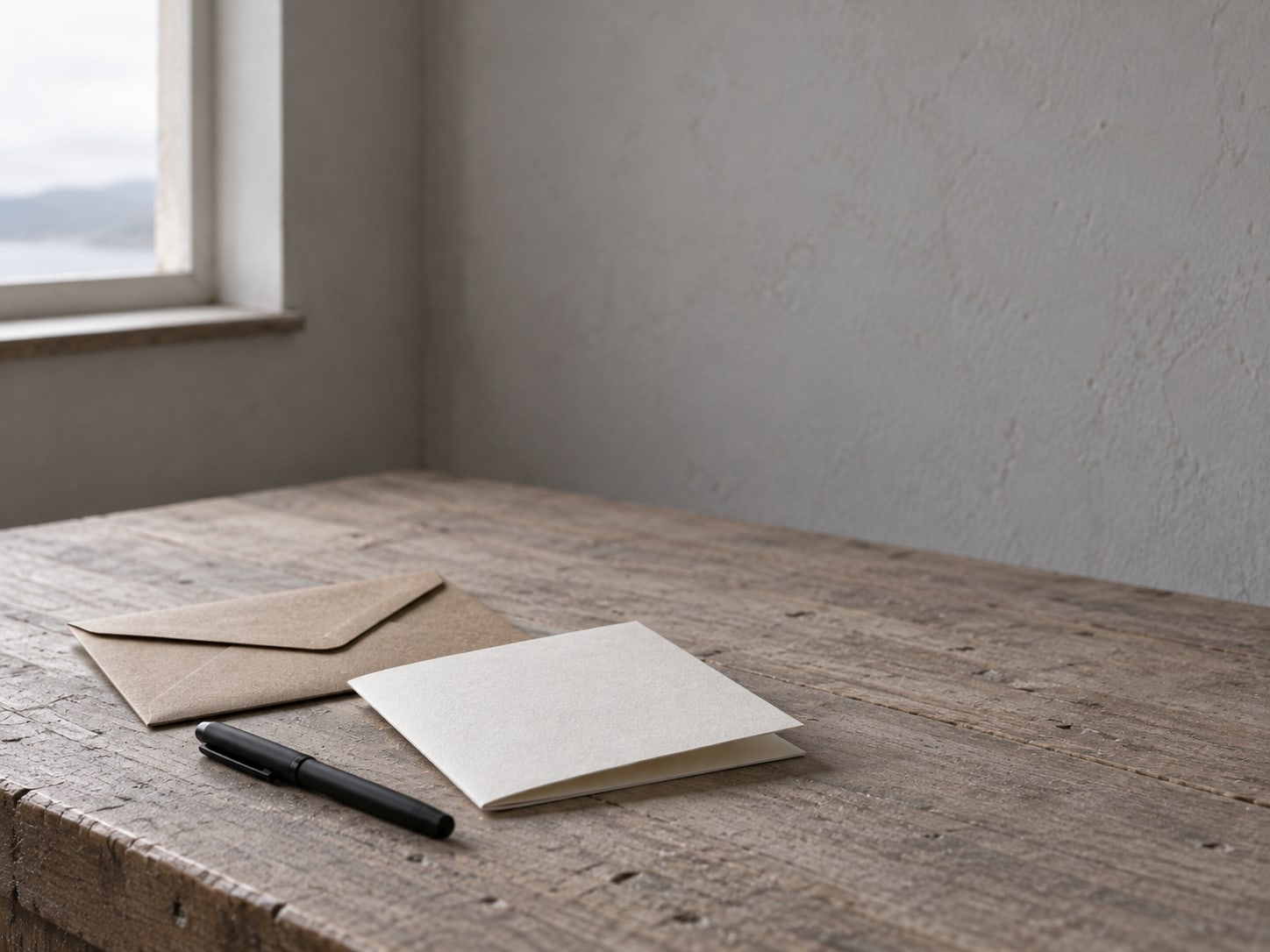 A sealed blank envelope and a folded sheet of plain paper set aside on a bare table beside a capped pen.